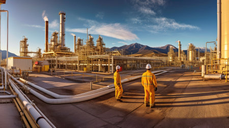 Walking workers in work clothes in a refinery with pipes and machinery, workers with large pipeline construction in background, panoramic view. A professionaの素材
