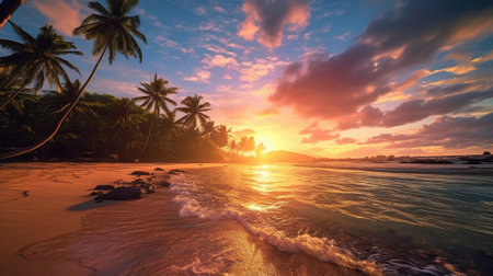 Generate an image of a sunset on the beach with palm trees and a calm sea, inspiring tranquility and relaxation.の素材