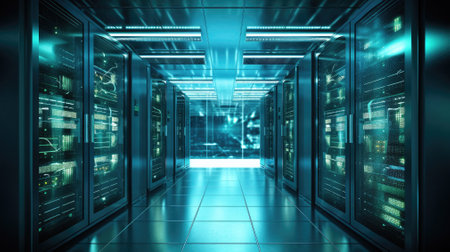Data Center Cloud computing and computer networking concept: rows of network servers against blue sky with clouds on white background. Ai, artificial intelligence, artificial, intelligence,の素材