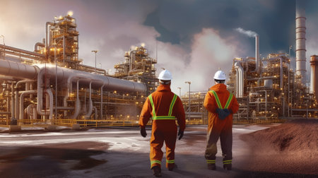 Walking workers in work clothes in a refinery with pipes and machinery, workers with large pipeline construction in background, panoramic view. A professionaの素材