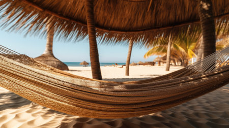Straw hammock on tropical white sandy beach. Ai, artificial intelligence, artificial, intelligence,の素材