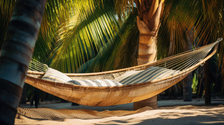 Straw hammock on tropical white sandy beach. Ai, artificial intelligence, artificial, intelligence,の素材