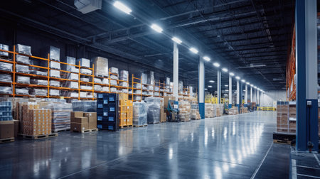 Organized warehouse interior showcases efficiency in logistics and supply chain management. Generative AIの素材