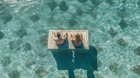 Top View Low section of couple sitting on edge of swimming pool, Generative AIの素材