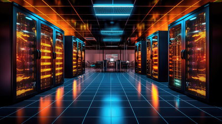 Data Center Cloud computing and computer networking concept: rows of network servers against blue sky with clouds on white background. Ai, artificial intelligence, artificial, intelligence,の素材
