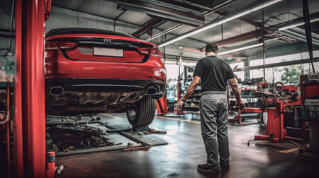 mechanics repairing a modern car in a modern workshop, close up, selective focusの素材