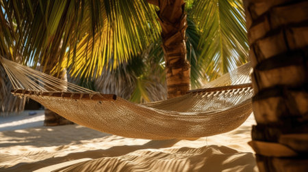 Straw hammock on tropical white sandy beach. Ai, artificial intelligence, artificial, intelligence,の素材