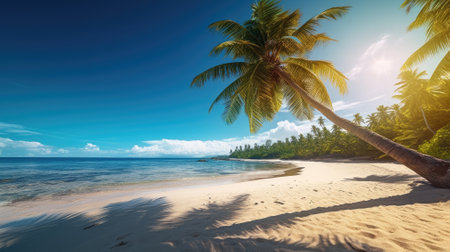 Dream beach with palm tree over the sand. Tropical Paradise.  Ai, artificial intelligence, artificial, intelligence,の素材