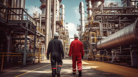 Chemical industry plant - Back View Walking workers in work clothes in a refinery with pipes and machinery. Chemical industry plant - workers in work clothes in a refinery with pipes and machinery. Ai, artificial intelligence, artificial, intelligence,の素材