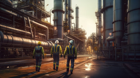 Chemical industry plant - Back View Walking workers in work clothes in a refinery with pipes and machinery. Chemical industry plant - workers in work clothes in a refinery with pipes and machinery. Ai, artificial intelligence, artificial, intelligence,の素材