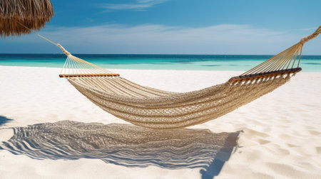 Straw hammock on tropical white sandy beach. Ai, artificial intelligence, artificial, intelligence,の素材