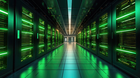 Data Center Cloud computing and computer networking concept: rows of network servers against blue sky with clouds on white background. Ai, artificial intelligence, artificial, intelligence,の素材