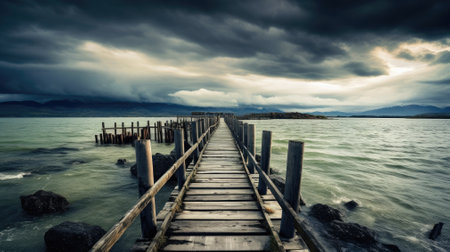 Wooden pier near fog cloud in morning river. photograph of a small Dock stretching out into a calm lake with morning mist hanging over the water. Generative AIの素材