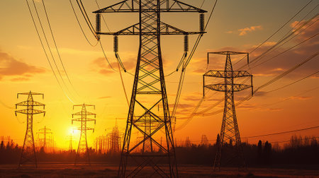 Silhouette electricity pylons at sunset. Generative AIの素材