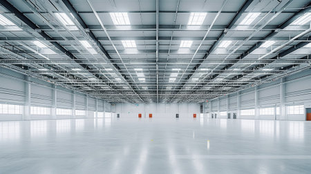 Large Empty warehouse in logistic center, well lit and clean empty warehouseの素材