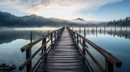 Wooden pier near fog cloud in morning river. photograph of a small Dock stretching out into a calm lake with morning mist hanging over the water. Generative AIの素材