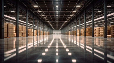 Large Empty warehouse in logistic center, well lit and clean empty warehouseの素材
