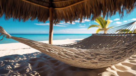 Straw hammock on tropical white sandy beach. Ai, artificial intelligence, artificial, intelligence,の素材