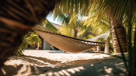 Straw hammock on tropical white sandy beach. Ai, artificial intelligence, artificial, intelligence,の素材