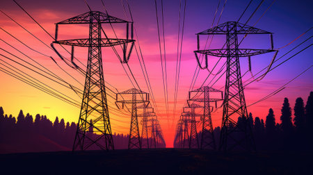 Silhouette electricity pylons at sunset. Generative AIの素材