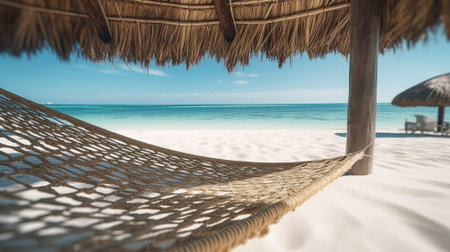 Straw hammock on tropical white sandy beach. Ai, artificial intelligence, artificial, intelligence,の素材