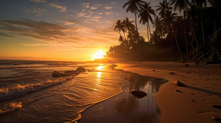 Generate an image of a sunset on the beach with palm trees and a calm sea, inspiring tranquility and relaxation.の素材