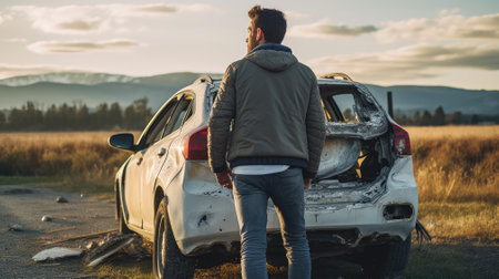 Back View Upset man and woman after car crashの素材