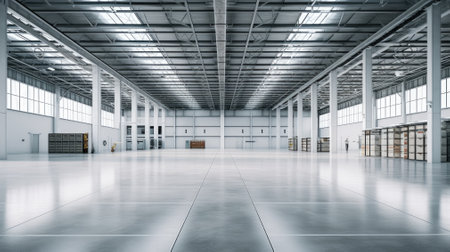 Large Empty warehouse in logistic center, well lit and clean empty warehouseの素材