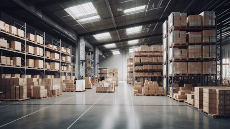 Large Empty warehouse in logistic center, well lit and clean empty warehouseの素材