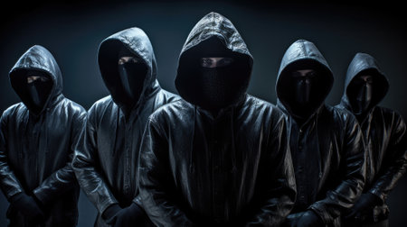 Dangerous hooded group of hackers. Internet, cyber crime, cyber attack, system.  Ai, artificial intelligence, artificial, intelligence,の素材