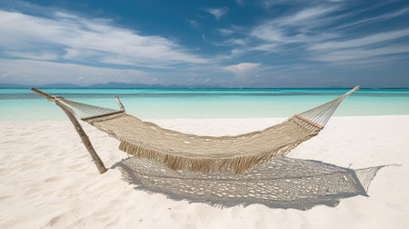 Straw hammock on tropical white sandy beach. Ai, artificial intelligence, artificial, intelligence,の素材