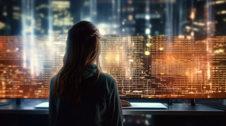 Backview Data scientists. Business Intelligence, software development. Woman programmer using laptop analyzing various information on futuristic virtual interface screenの素材