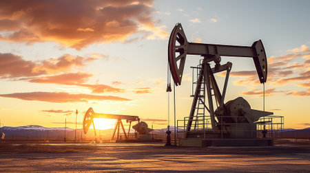 Crude oil pumpjack rig on desert silhouette in evening sunset, energy industrial machine for petroleum gas. Generative AIの素材