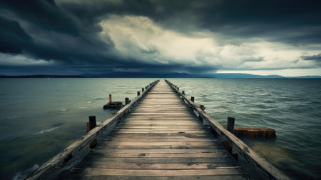 Wooden pier near fog cloud in morning river. photograph of a small Dock stretching out into a calm lake with morning mist hanging over the water. Generative AIの素材