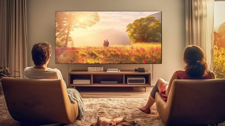 A couple in front of the TV screen showed some whales, with dynamic space relationships,の素材