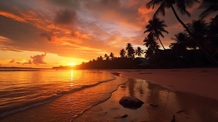 Generate an image of a sunset on the beach with palm trees and a calm sea, inspiring tranquility and relaxation.の素材