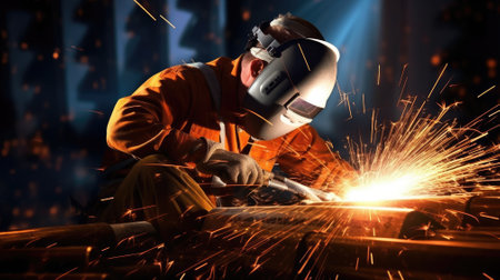 Welding workers on the ground welding steel plate, ground close - up, high - definition picture quality, simple atmosphere, bright light, real backgroundの素材