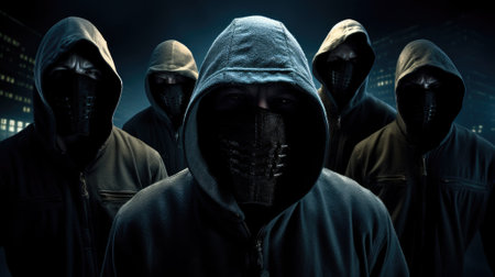Dangerous hooded group of hackers. Internet, cyber crime, cyber attack, system.  Ai, artificial intelligence, artificial, intelligence,の素材