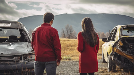 Back View Upset man and woman after car crashの素材