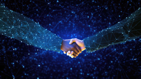 Abstract image of Business handshake in glowing blue. Low polygon, particle, and triangle style design. Wireframe Lightの素材