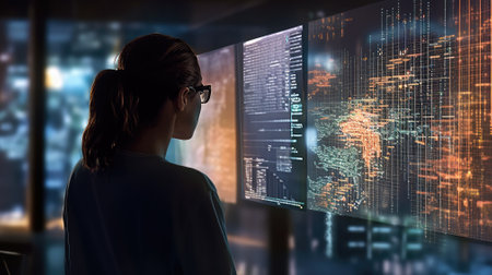 Backview Data scientists. Business Intelligence, software development. Woman programmer using laptop analyzing various information on futuristic virtual interface screenの素材