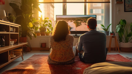 A couple in front of the TV screen showed some whales, with dynamic space relationships,の素材
