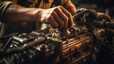 Close Shot Auto mechanic working on car engine in mechanics garage. Repair service. A professional photography should use a highの素材