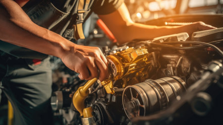 Close Shot Auto mechanic working on car engine in mechanics garage. Repair service. A professional photography should use a highの素材