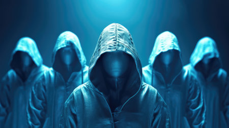 Dangerous hooded group of hackers. Internet, cyber crime, cyber attack, system.  Ai, artificial intelligence, artificial, intelligence,の素材