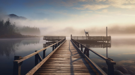 Wooden pier near fog cloud in morning river. photograph of a small Dock stretching out into a calm lake with morning mist hanging over the water. Generative AIの素材