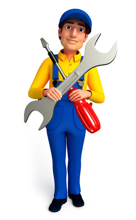 Plumber with wrench and screw driverの写真素材