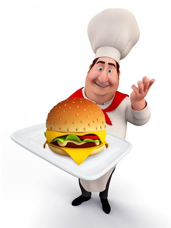 Illustration of young chef with burger の写真素材