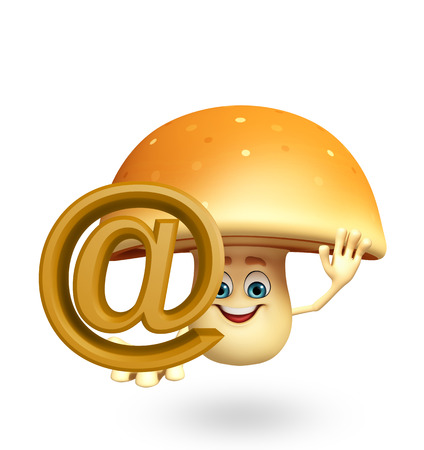 3d rendered illustration of mushroom cartoon character with at the rate signの写真素材