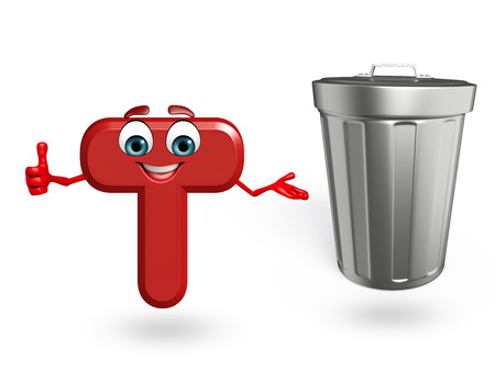 3d rendered illustration of alphabet T Cartoon Character with dustbinの写真素材